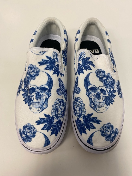 Raad Shoes - White Slip-On Women’s Sneakers with Blue Skull & Floral Print